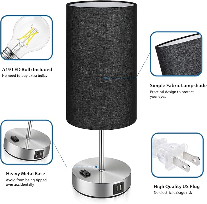 Black Touch Control Table Lamp Set of 2, with 2 USB Charging Ports&AC Outlet, 3-Way Dimmable Bedside Nightstand Lamps with Fabric Lampshade for Reading, Bedroom, Living Room, A19 LED Bulbs Included - LeafyLoom