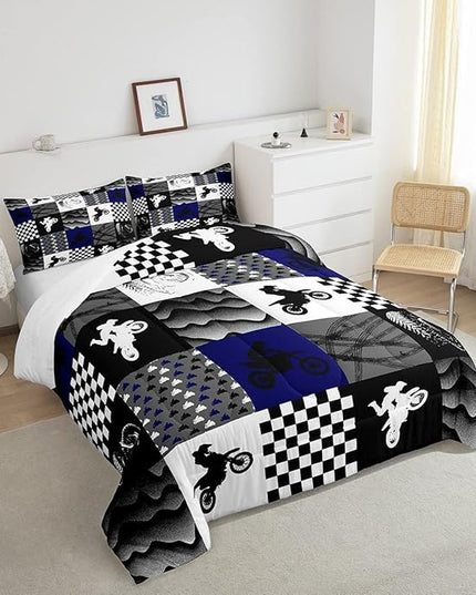 Dirt Bike Comforter Set, Motocross Rider Bedding Comforter Sets King, Motorcycle Grunge Down Comforter for Kids Boys Adult Men, Motorbike Extreme Sport Game Comforter, Buffalo Plaid, Blue Grey Black - LeafyLoom