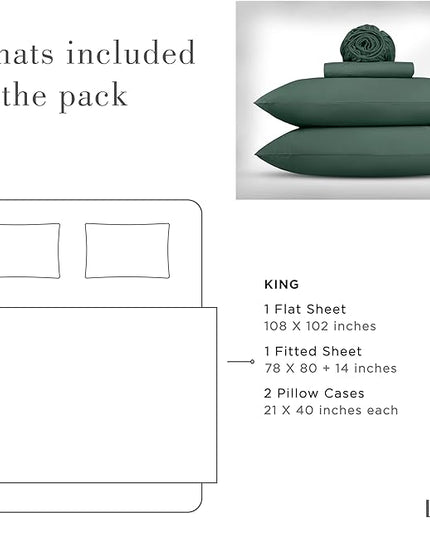 Linen Home Washed Cotton Percale King Sheet Set, Dark Olive, Deep Pocket, 4 Pieces Bed Sheets - 1 Flat Sheet, 1 Fitted Sheet & 2 Envelope Closure Pillowcases, Cool and Comfortable Bed Linen - LeafyLoom