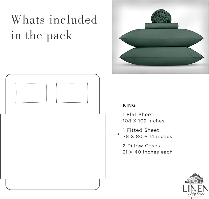 Linen Home Washed Cotton Percale King Sheet Set, Dark Olive, Deep Pocket, 4 Pieces Bed Sheets - 1 Flat Sheet, 1 Fitted Sheet & 2 Envelope Closure Pillowcases, Cool and Comfortable Bed Linen - LeafyLoom