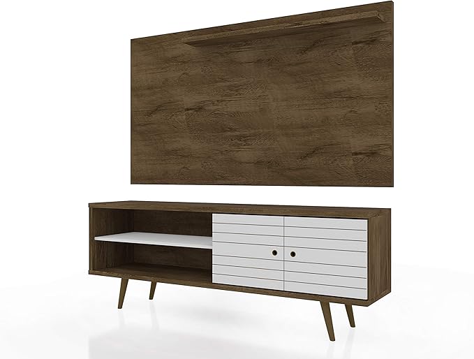 Manhattan Comfort Liberty Mid Century Modern TV Stand for Televisions up to 60 Inches, Bedroom and Living Room Entertainment Center with Storage, Shelves, and Cabinet, 63" Wide, Rustic Brown/White - LeafyLoom