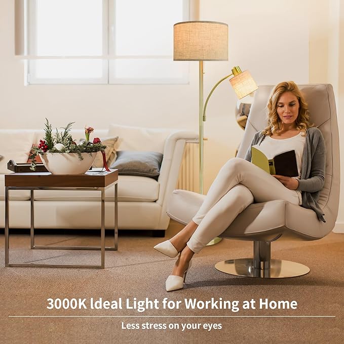 DLLT Rustic Floor Lamps for Living Room- Modern Tall Pole Light With Adjustable Reading Light, Vintage Standing Lamp for Contemporary Mid-Century Bedroom, Study Room, Fabric Shade E26(Bulb Included) - LeafyLoom