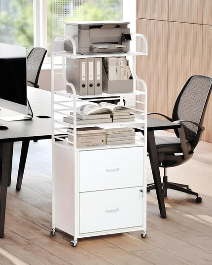 Vertical File Cabinet, 2 Drawer Mobile Filing Cabinet with 3 Bookshelf, Printer Stand with Open Storage Shelves Fits A4/Letter/Legal Size File Cabinets for Home Office Organizer, White - LeafyLoom