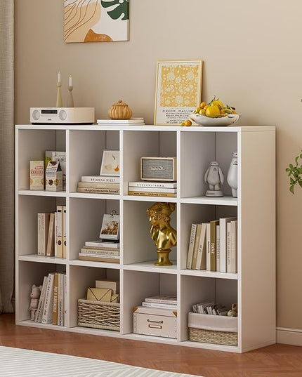 12-Cube Storage Shelf Bookcase - Wooden 3-Tier Floor Standing Open Bookshelf for Home and Office, Display Cabinet, Warm White - LeafyLoom
