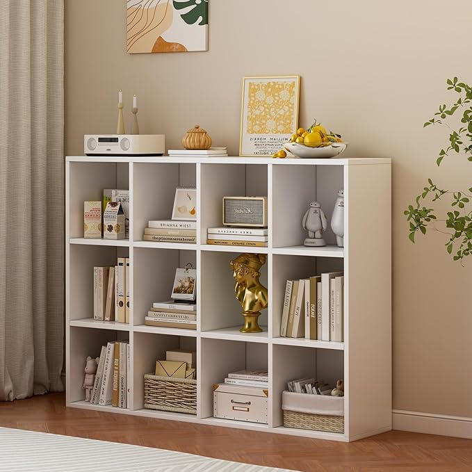 12-Cube Storage Shelf Bookcase - Wooden 3-Tier Floor Standing Open Bookshelf for Home and Office, Display Cabinet, Warm White - LeafyLoom