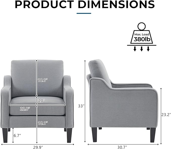 VINGLI Modern Accent Chairs Set of 2,Comfy Grey Armchair for Bedroom,Living Room Upholstered Sofa Chair Reading Chair for Small Spaces - LeafyLoom