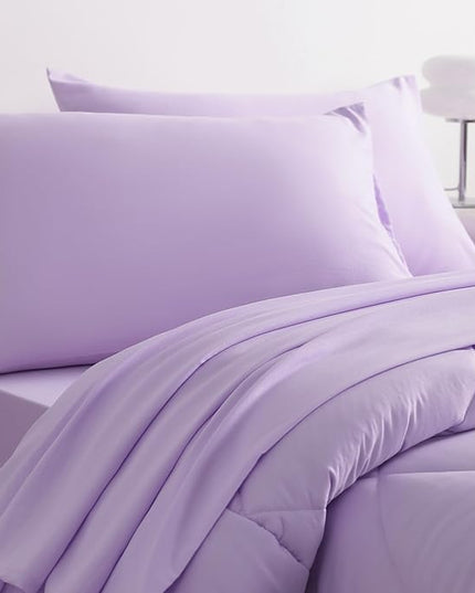 NTBAY Twin Comforter Set with Sheets, 5 Pieces Soft and Breathable Twin Bedding Set, Twin Bed in a Bag, Down Alternative Comforter Set Solid Color All Season, Kids Bedding Set, Light Purple - LeafyLoom