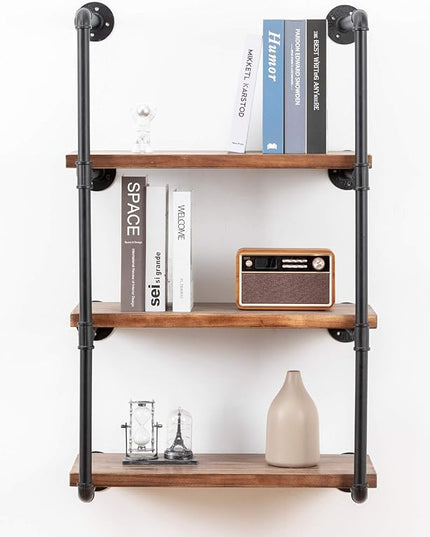 Industrial Wall Mounted Pipe Shelving,Rustic Metal Floating Shelves,Steampunk Real Wood Bookcases,DIY Bookshelf Hanging Shelves,Farmhouse Kitchen Bar Office Home Storage (4-Tier with 3 Boards,24in) - LeafyLoom