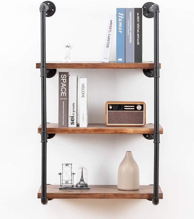 Industrial Wall Mounted Pipe Shelving,Rustic Metal Floating Shelves,Steampunk Real Wood Bookcases,DIY Bookshelf Hanging Shelves,Farmhouse Kitchen Bar Office Home Storage (4-Tier with 3 Boards,24in) - LeafyLoom