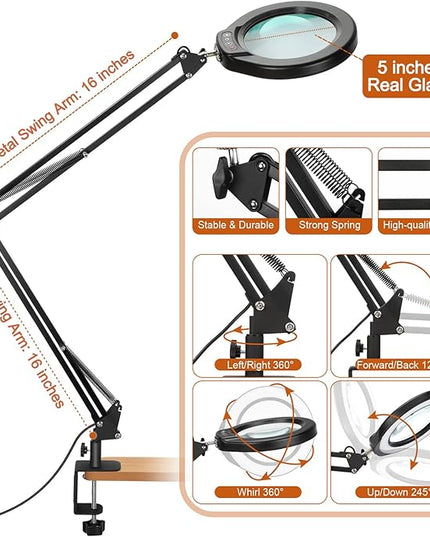VEEMAGNI 5 Inch Large Magnifying Glass with Light and Stand, 5 Color Modes Stepless Dimmable, 2*16 Inch Swivel Arm LED Clamp Desk Lamp, Hands Free 8X Lighted Magnifier for Close Work Crafts Soldering - LeafyLoom