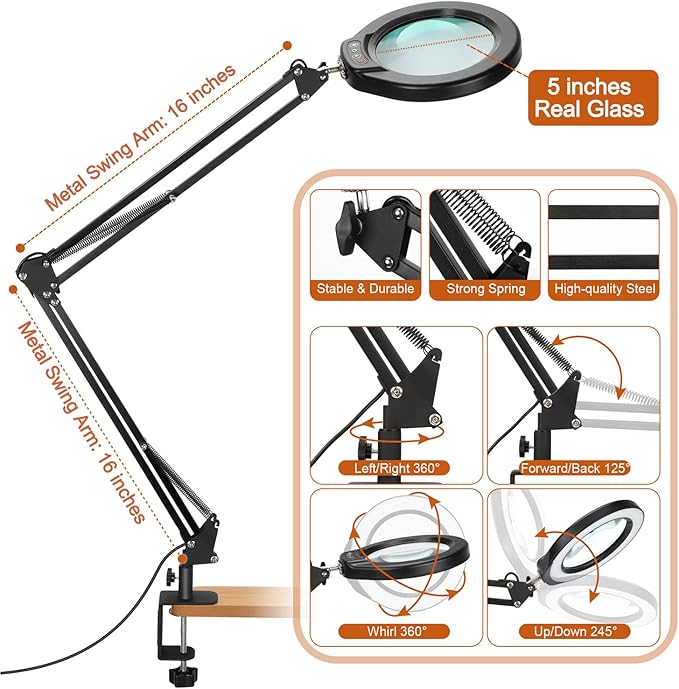 VEEMAGNI 5 Inch Large Magnifying Glass with Light and Stand, 5 Color Modes Stepless Dimmable, 2*16 Inch Swivel Arm LED Clamp Desk Lamp, Hands Free 8X Lighted Magnifier for Close Work Crafts Soldering - LeafyLoom