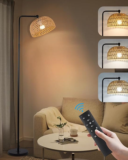 Floor Lamp with Remote, Rope Standing Lamps with LED Bulb, Boho Farmhouse Tall Pole Lamp with 3 Color Temperatures, Modern Black Floor Lamp for Living Room Bedroom Office Study - LeafyLoom