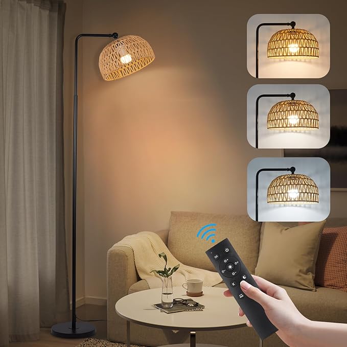 Floor Lamp with Remote, Rope Standing Lamps with LED Bulb, Boho Farmhouse Tall Pole Lamp with 3 Color Temperatures, Modern Black Floor Lamp for Living Room Bedroom Office Study - LeafyLoom