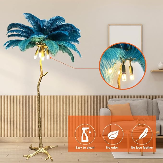 Ostrich Feather Floor Lamp, Modern LED Dimmable Standing Lamp, Romantic Princess Bedroom Reading Lamp, Tall Corner Lamp for Living Room, Dining Room and Office (Dark Green) - LeafyLoom