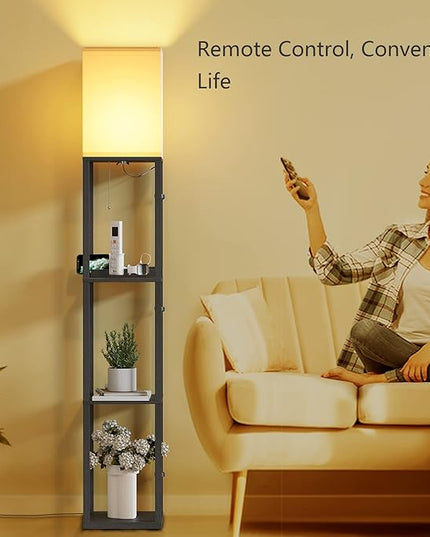 SUNMORY Shelf Lamp with Remote Control, Stepless Color Temperature & Dimmable, Floor Lamp with Shelves with 2 Usb Charging Ports and 2-Hole Socket, Solid Wood Tall Lamps for Living Room, Bedroom，Black - LeafyLoom