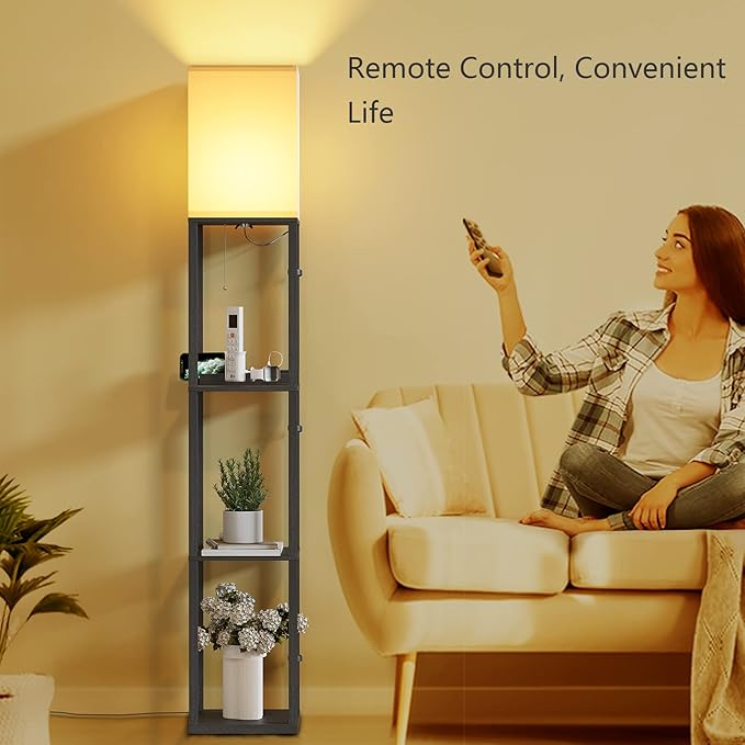 SUNMORY Shelf Lamp with Remote Control, Stepless Color Temperature & Dimmable, Floor Lamp with Shelves with 2 Usb Charging Ports and 2-Hole Socket, Solid Wood Tall Lamps for Living Room, Bedroom，Black - LeafyLoom