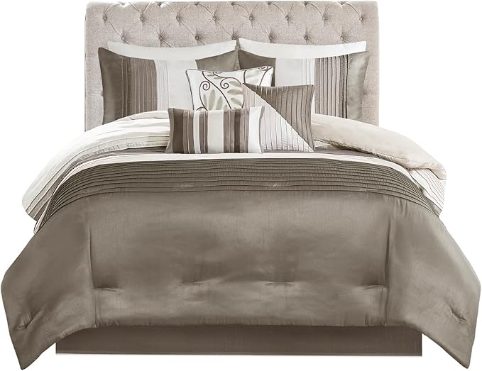 Madison Park Amherst Faux Silk Comforter Set-Casual Contemporary Design All Season Down Alternative Bedding, Matching Shams, Bedskirt, Decorative Pillows, Cal King(104"x92"), Natural, 7 Piece - LeafyLoom