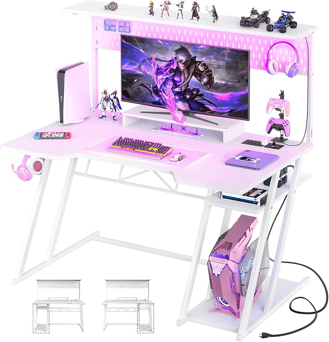 Gaming Computer Desk with Storage Shelves & Z-Shaped Legs, White Gaming Desk with Hutch and LED Lights, Reversible PC Gaming Desk with Pegboard for Bedroom & Small Spaces, Carbon Fiber Surface, 47'' - LeafyLoom