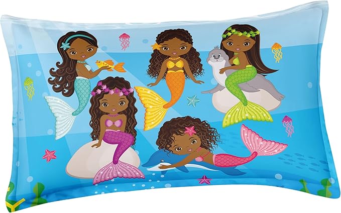 Little Mermaid Bedding, Black Girl Comforter Set Twin Size, Black Mermaid Bedroom Decor for Girls, Princess Twin Bed Set for Kids Teens with 1 Comforter and 2 Pillow Cases - LeafyLoom