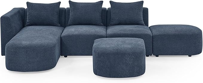 113" L-Shape Sectional Side Chaise and Ottoman, Modular Sofa, DIY Combination, Loop Yarn Fabric for Living Room, Apartment, 113inch, Blue Left - LeafyLoom