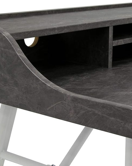 Calico Designs Woodford 45” Wide Modern, Secretary, Writing, Desk with Low Storage Hutch and Whtie Metal Tapered Legs in Marbled Dark Grey, White - LeafyLoom