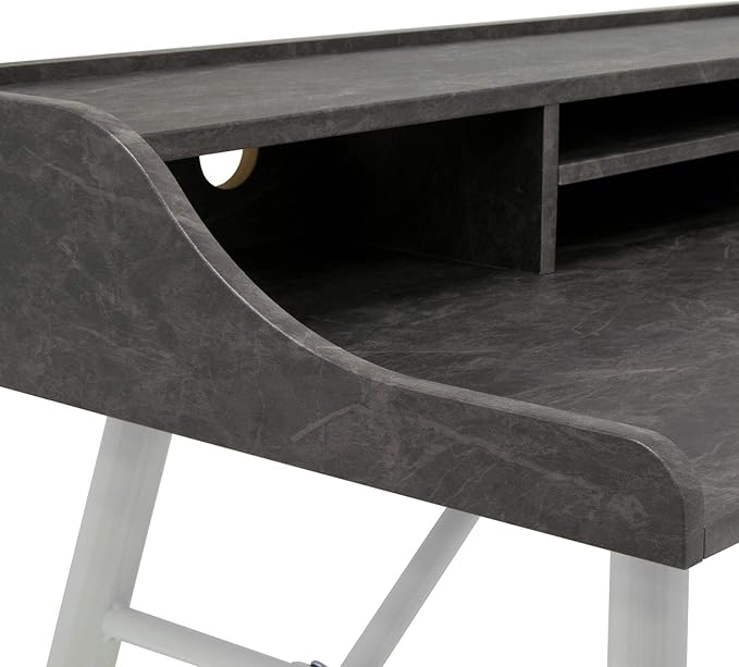 Calico Designs Woodford 45” Wide Modern, Secretary, Writing, Desk with Low Storage Hutch and Whtie Metal Tapered Legs in Marbled Dark Grey, White - LeafyLoom