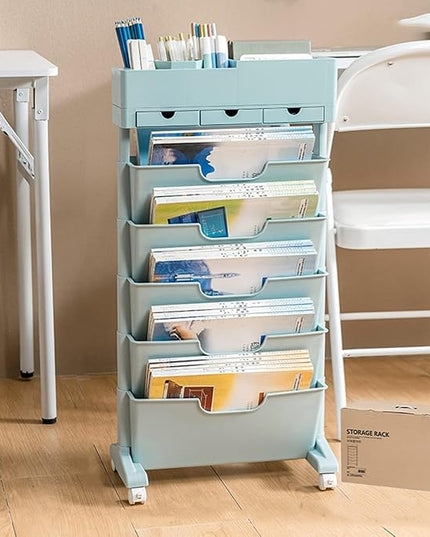 6 Tier Rolling Cart,Open Bookcase and Bookshelf,Mobile Bookshelf with Wheels 3 Drawer,Storage Shelving Display Shelves,Narrow Rolling Storage Cart for Living Room, Bedroom, Kitchen(Blue) - LeafyLoom