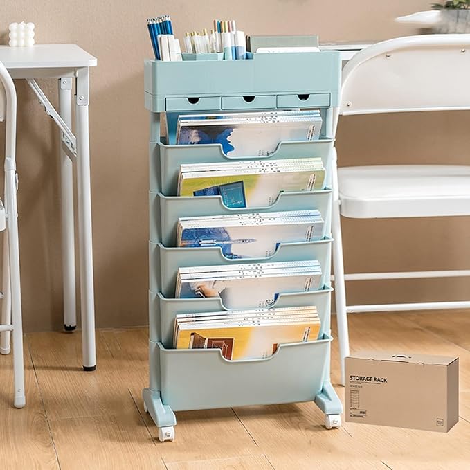 6 Tier Rolling Cart,Open Bookcase and Bookshelf,Mobile Bookshelf with Wheels 3 Drawer,Storage Shelving Display Shelves,Narrow Rolling Storage Cart for Living Room, Bedroom, Kitchen(Blue) - LeafyLoom