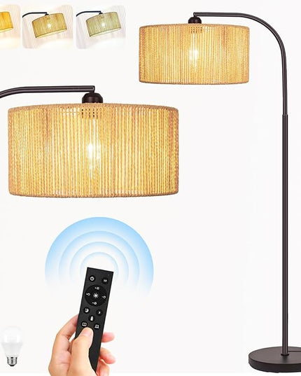 Boho Floor Lamp with Dimmable Bulb Nartual Rattan Adjustable Lampshade, Bronze Rustic Farmhouse Floor Lamps for Living Room, Bedroom, Office, Classroom - LeafyLoom