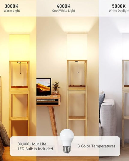 SUNMORY Floor Lamp with Shelves,Modern Dimmable Wood Standing Lamp with 1 Drawer and 2 USB Ports & 2 Power Outlet,Corner Tall Bookshelf Lamp for Living Room and Bedroom(Wood Color) - LeafyLoom