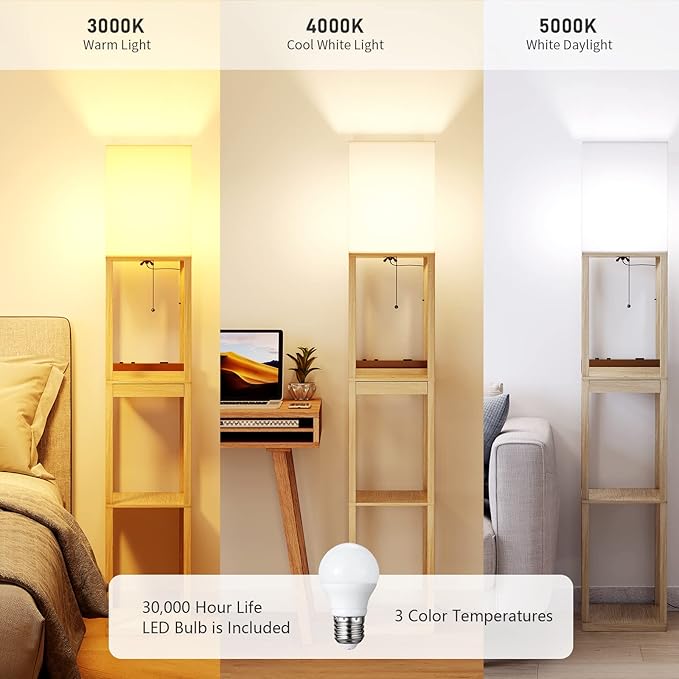 SUNMORY Floor Lamp with Shelves,Modern Dimmable Wood Standing Lamp with 1 Drawer and 2 USB Ports & 2 Power Outlet,Corner Tall Bookshelf Lamp for Living Room and Bedroom(Wood Color) - LeafyLoom