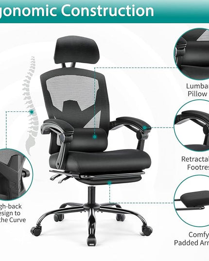 MCQ Office Computer Desk Chair, Gaming Chairs for Adults, High-Back Mesh Rolling Swivel Reclining Chairs with Wheels, Comfortable Lumbar Support, Comfy Arms for Home, Office, Gaming, Student, Black - LeafyLoom