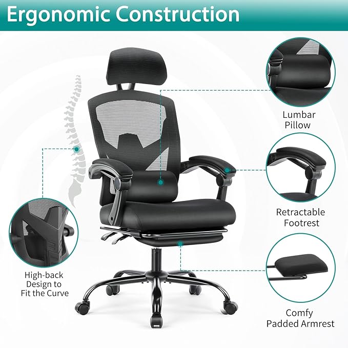 MCQ Office Computer Desk Chair, Gaming Chairs for Adults, High-Back Mesh Rolling Swivel Reclining Chairs with Wheels, Comfortable Lumbar Support, Comfy Arms for Home, Office, Gaming, Student, Black - LeafyLoom