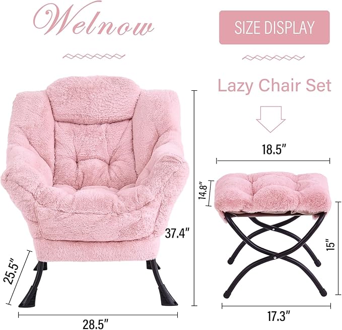 Welnow Lazy Chair with Ottoman, Modern Lounge Accent Chair with Armrests and a Side Pocket, Leisure Upholstered Sofa Chair Set, Reading Chair with Footrest for Small Space, Corner Chair - LeafyLoom