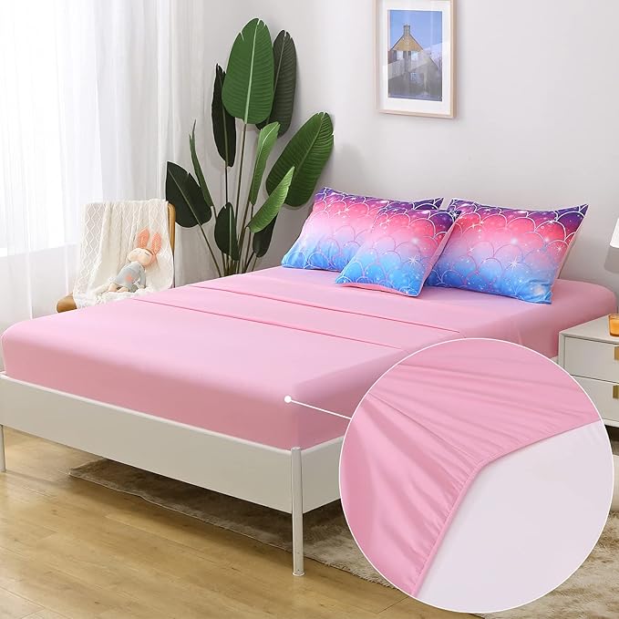 JQinHome Twin Size Mermaid Comforter Set, 6 Piece Bed in A Bag 3D Colorful Bedding Set for Girls kids (1 Comforter,2 Pillowcases,1 Flat Sheet,1 Fitted Sheet,1 Cushion Cover)(Pink Mermaid Scale) - LeafyLoom