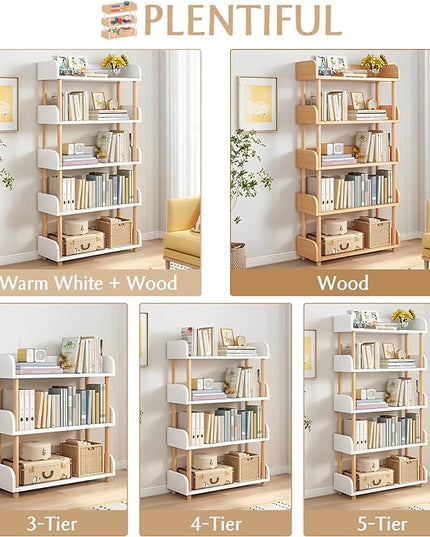 4-Tier Wooden Open Bookcase - Modern Display Bookshelf with Side Panels and Solid Wood Frame for Home and Office, Storage Cabinet, Warm White - LeafyLoom