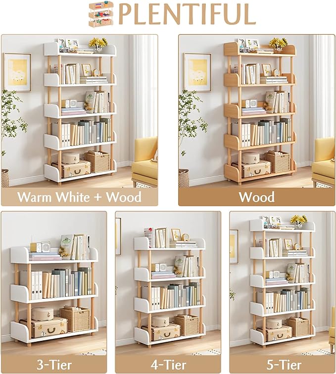 4-Tier Wooden Open Bookcase - Modern Display Bookshelf with Side Panels and Solid Wood Frame for Home and Office, Storage Cabinet, Warm White - LeafyLoom