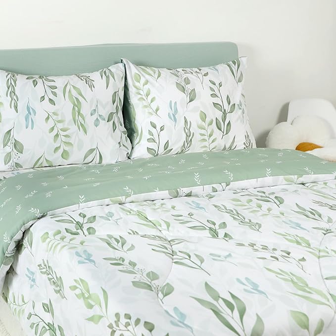 DILIMI Queen Comforter set, 3 Pieces Queen Size Comforter Sets, Reversible Green Comforter Queen, Ultra Soft and Fluffy Bedding Comforter Sets with Comforter, 2 Pillowcase - LeafyLoom