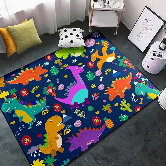 Dinosaur Rugs for Boys Bedroom Dinosaur Play Rug Kids Room Rug Dinosaur Area Rug Cartoon Dinosaur Carpet Cute Dinosaur Mat Dinosaur Rug for Living Room Bedroom Playroom, Blue 5'×7' - LeafyLoom