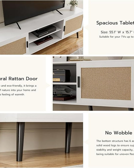 TV Stand for TVs up to 65'', Mid Century Modern Entertainment Center with Rattan Door, Shelves & 2 Cabinets, Boho Media TV Console for Living Room, Bedroom, White - LeafyLoom