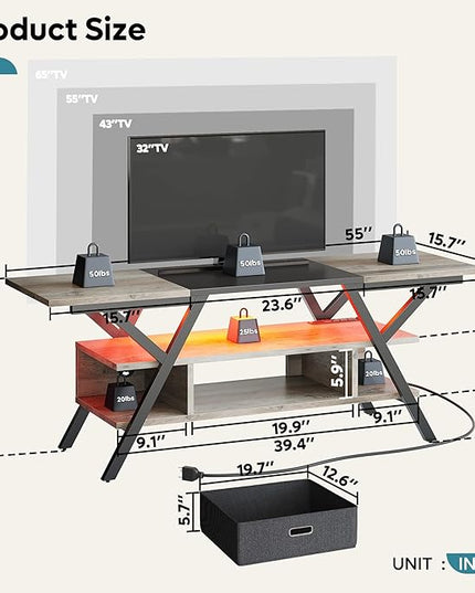 Bestier Gaming TV Stands for Living Room with Power Outlets LED Entertainment Center for TV up to 65 Inch 55” TV Game Console for Living Room Bedroom Removable Drawer 20 Dynamic RGB Modes, Wash Grey - LeafyLoom
