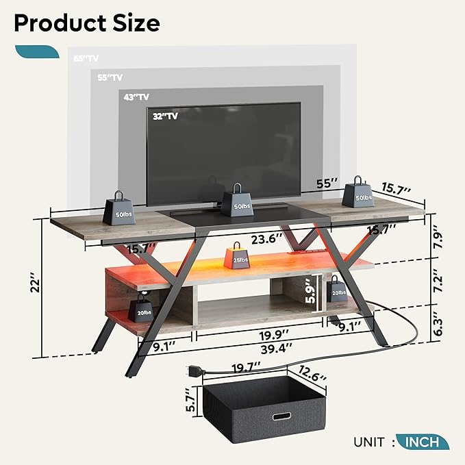 Bestier Gaming TV Stands for Living Room with Power Outlets LED Entertainment Center for TV up to 65 Inch 55” TV Game Console for Living Room Bedroom Removable Drawer 20 Dynamic RGB Modes, Wash Grey - LeafyLoom