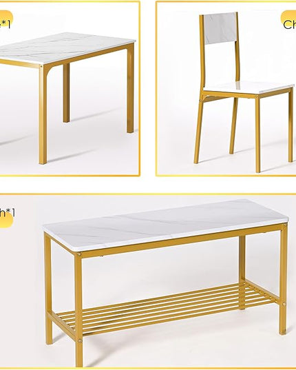 sogesfurniture 4 Piece Dining Table Set, Dining Table Set for 4, Kitchen Dinner Table with Benches for 4, includes Table, 2 Chairs & Bench, White Gold - LeafyLoom