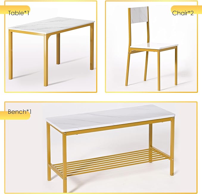 SogesPower Dining Table Set for 4, Kitchen Dining Table Set with 2 Chairs and 1 Bench, 4-Piece Kitchen Table Set for Dining Room Restaurant Small Space, Gold - LeafyLoom