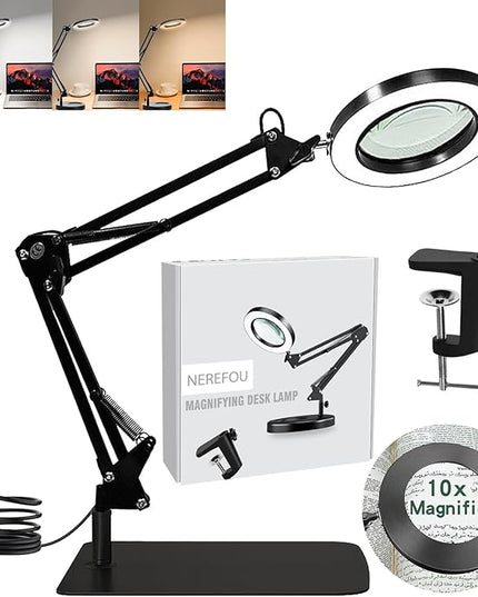 Magnifying Glass with Light and Stand, 10X Magnifying Lamp, 2-in-1 Magnifying Desk Lamp with Clamp, 3 Color Mode, Magnifying Glasses with Light for Close Work (Large Base ＆Clamp) - LeafyLoom