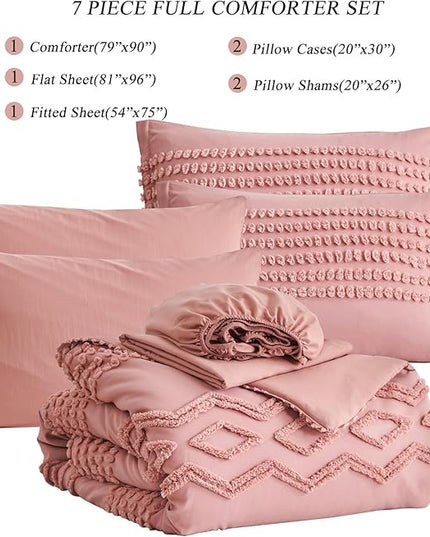 KAKIJUMN Blush Pink Tufted Comforter Set Full Size 7 Piece Bed in a Bag, Shabby Chic Boho Comforter and Sheet Set, All Season Soft Microfiber Complete Bedding Set(Pink,Full) - LeafyLoom