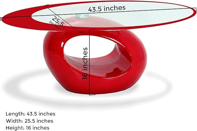 Fab Glass and Mirror CTR-FAB30000 Oval Glass Coffee Table, 43.5 in x 25.5 in x 16 in, Red - LeafyLoom