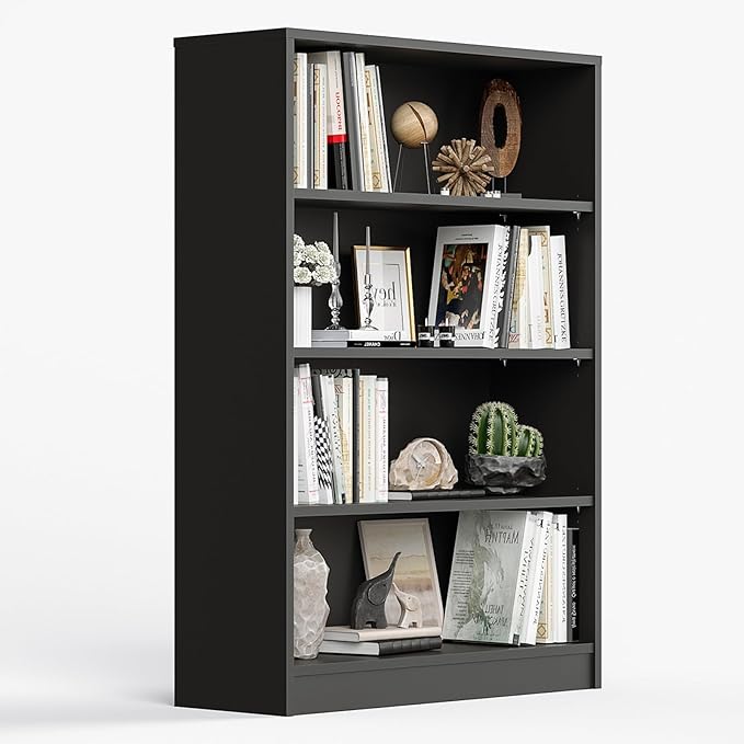 Farini 4 Shelf boockase Display Bookcase Freestanding Wooden Bookshelves for Home Office Living Room,48 Inch Height,Black - LeafyLoom