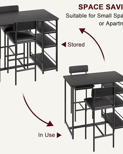 GAOMON Dining Table Set for 2, Kitchen Table and Chairs for 2 with Upholstered Chairs, 3 Piece Counter Height Bar Kitchen Table Set with 3 Storage Shelves for Small Space, Apartment, Rustic Black - LeafyLoom