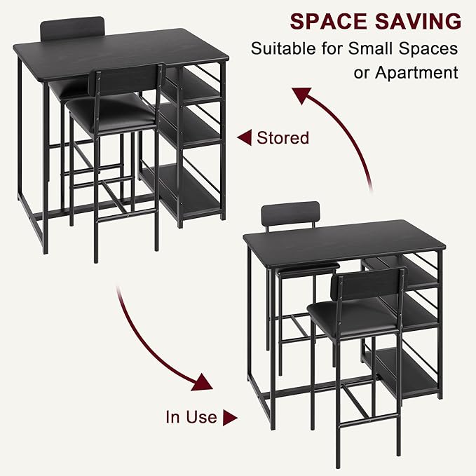 GAOMON Dining Table Set for 2, Kitchen Table and Chairs for 2 with Upholstered Chairs, 3 Piece Counter Height Bar Kitchen Table Set with 3 Storage Shelves for Small Space, Apartment, Rustic Black - LeafyLoom